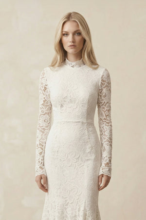 Lace Mermaid High - Neck Midi Wedding Dress With Long Sleeves in Ivory - KissProm Wedding Dresses
