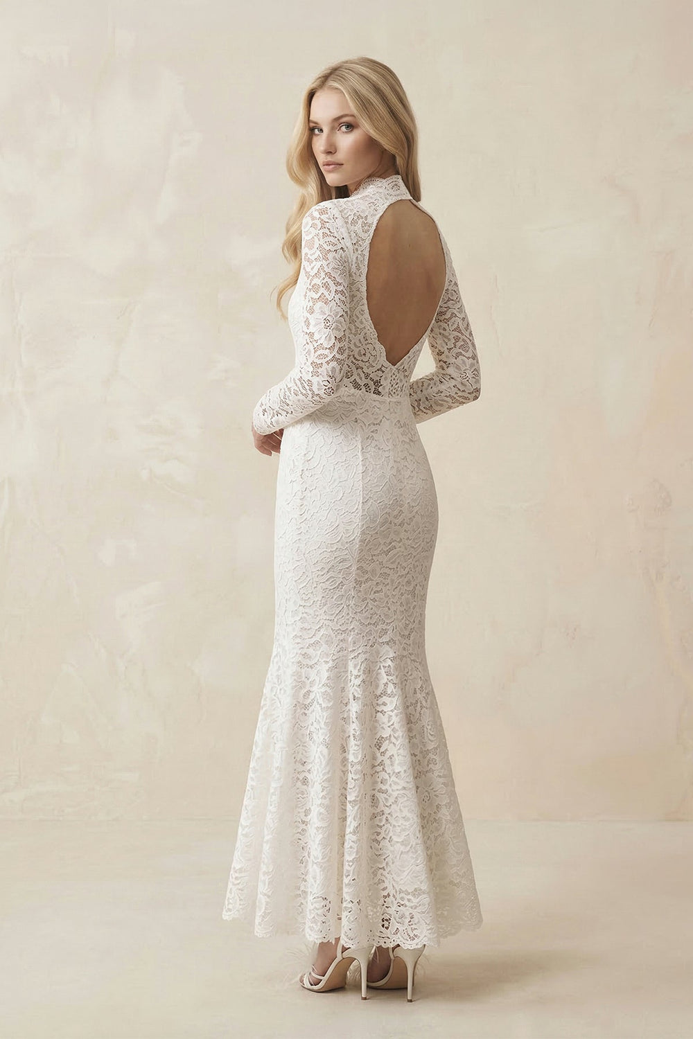 Lace Mermaid High - Neck Midi Wedding Dress With Long Sleeves in Ivory - KissProm Wedding Dresses