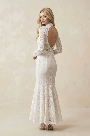 Lace Mermaid High - Neck Midi Wedding Dress With Long Sleeves in Ivory - KissProm Wedding Dresses