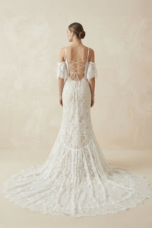 Lace Mermaid Off - the - Shoulder Boho Wedding Dress in Ivory - KissProm Wedding Dresses