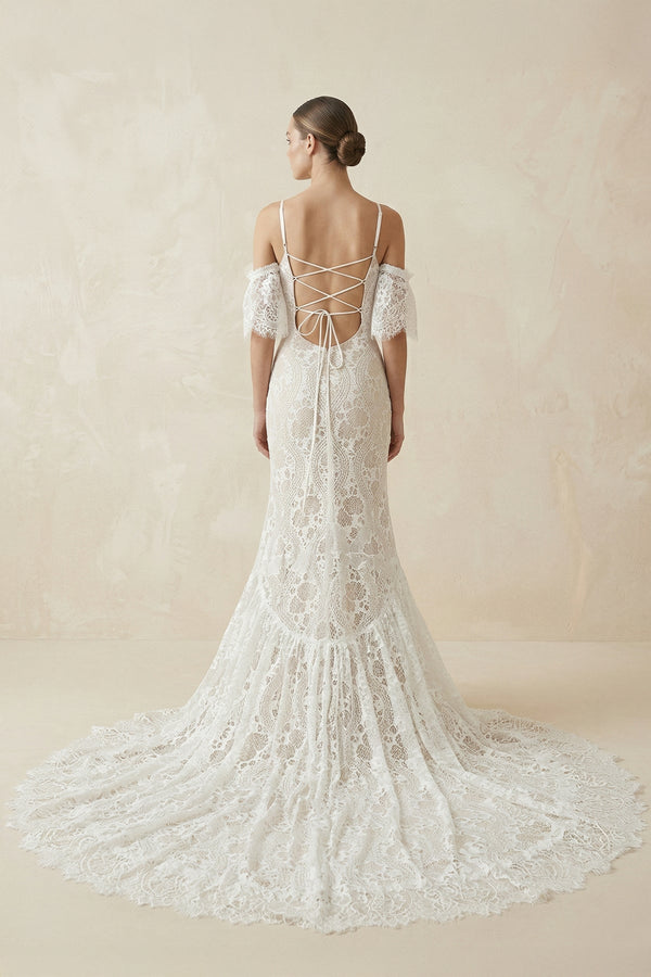 Lace Mermaid Off - the - Shoulder Boho Wedding Dress in Ivory - KissProm Wedding Dresses