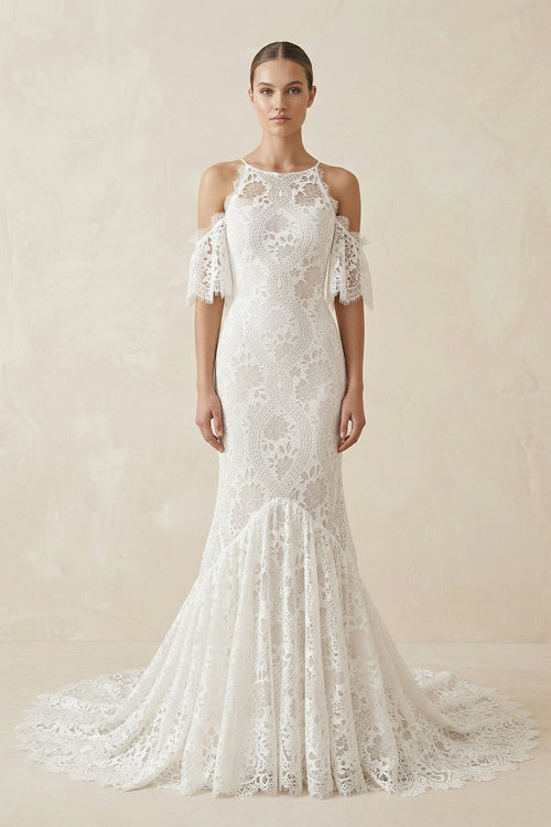 Lace Mermaid Off - the - Shoulder Boho Wedding Dress in Ivory - KissProm Wedding Dresses