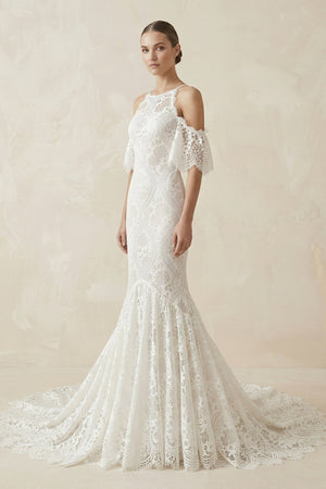 Lace Mermaid Off - the - Shoulder Boho Wedding Dress in Ivory - KissProm Wedding Dresses