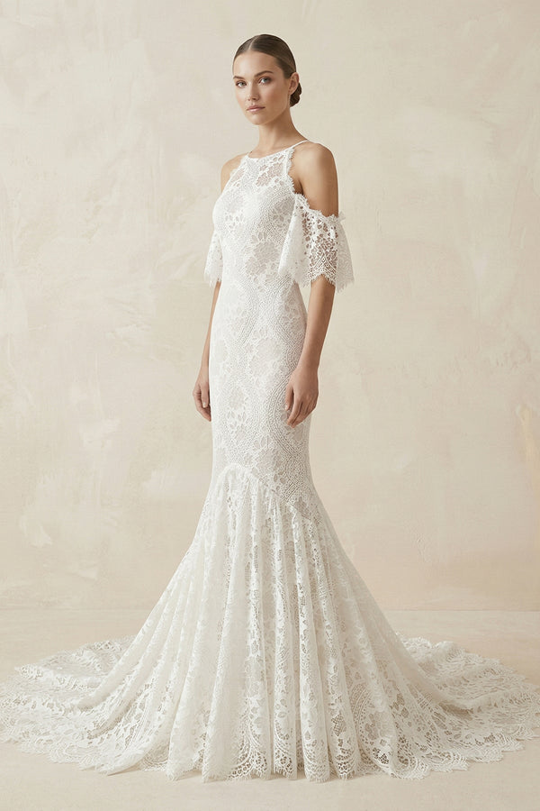 Lace Mermaid Off - the - Shoulder Boho Wedding Dress in Ivory - KissProm Wedding Dresses