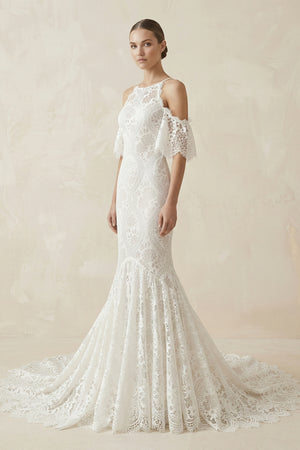 Mermaid White Halter Neck Lace Wedding Dress – Wedding Dresses by KissProm | Available at KissProm