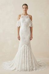 Mermaid White Halter Neck Lace Wedding Dress – Wedding Dresses by KissProm | Available at KissProm