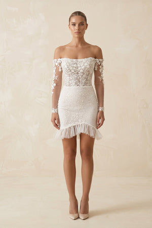 Lace Off - the - Shoulder Sheath Ruffled Mini Wedding Dress in Ivory - KissProm Wedding Dresses