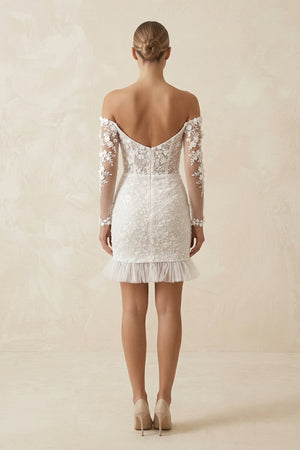 Lace Off - the - Shoulder Sheath Ruffled Mini Wedding Dress in Ivory - KissProm Wedding Dresses