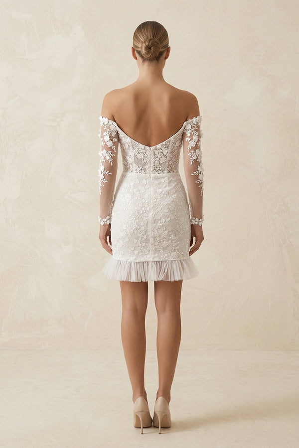 Lace Off - the - Shoulder Sheath Ruffled Mini Wedding Dress in Ivory - KissProm Wedding Dresses