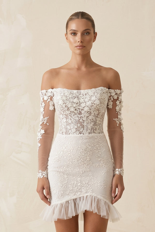 Lace Off - the - Shoulder Sheath Ruffled Mini Wedding Dress in Ivory - KissProm Wedding Dresses