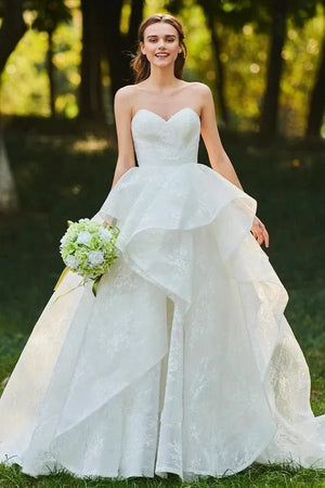 Runa | Lace Open Back Sweetheart Cascading Ruffles Sleeveless Bridal Ball Gown