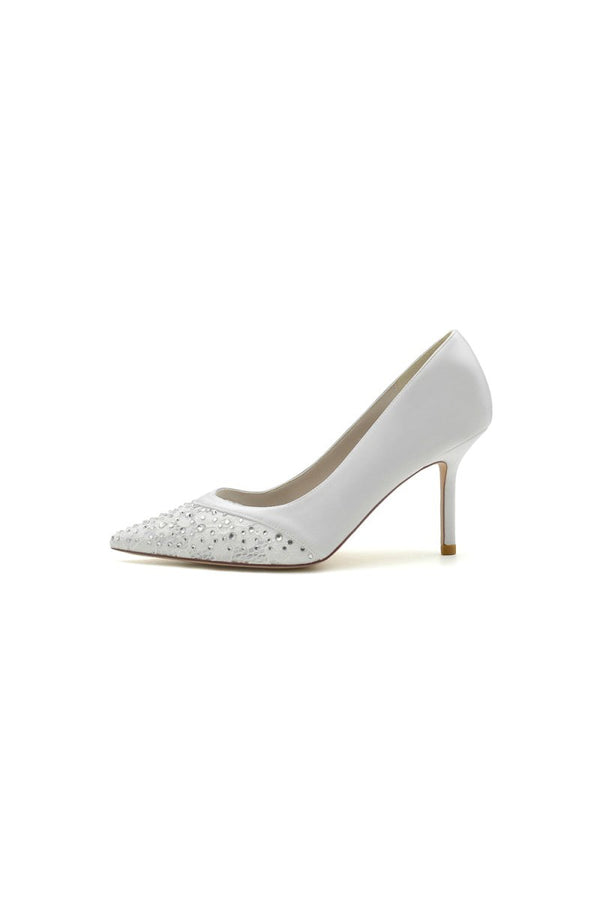 Lace Pointed Toe Beaded Satin Wedding Shoes - KissProm