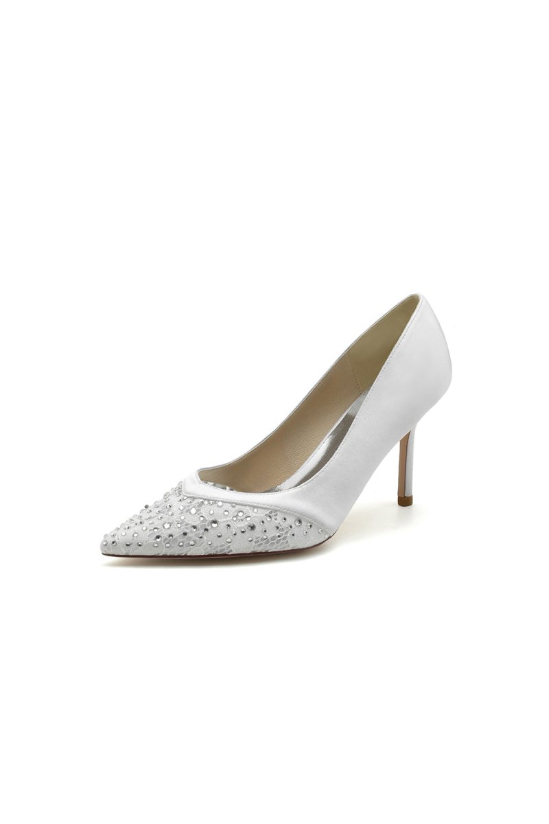 Lace Pointed Toe Beaded Satin Wedding Shoes - KissProm