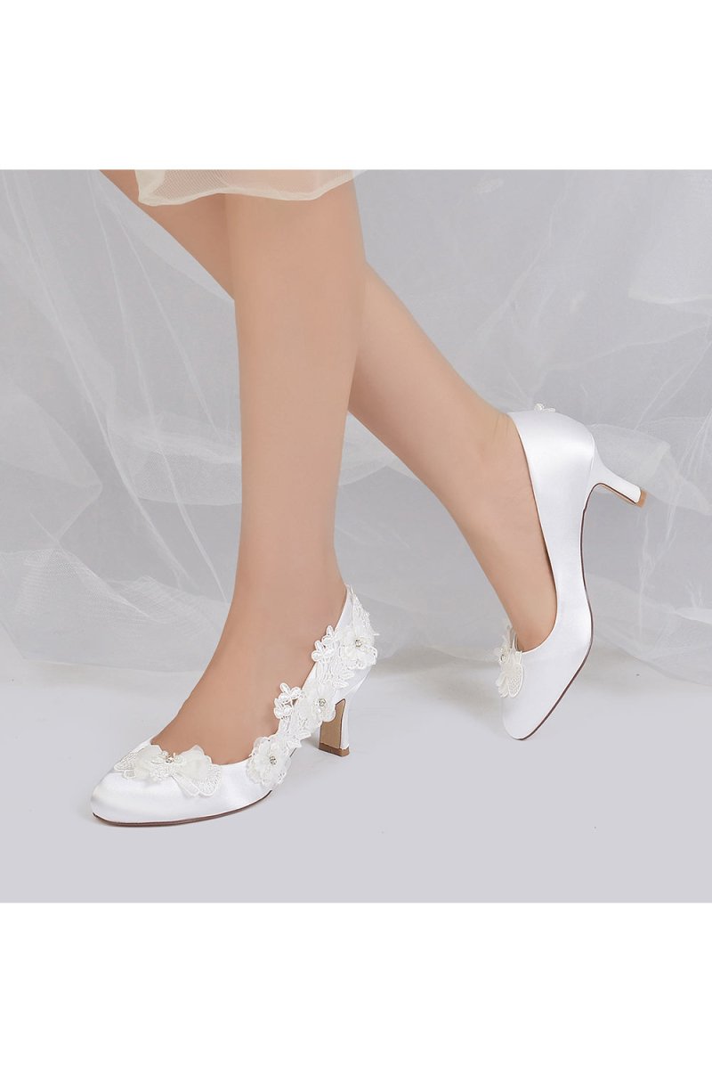 Lace Pointed Toe Chunky Heels with Beaded - KissProm