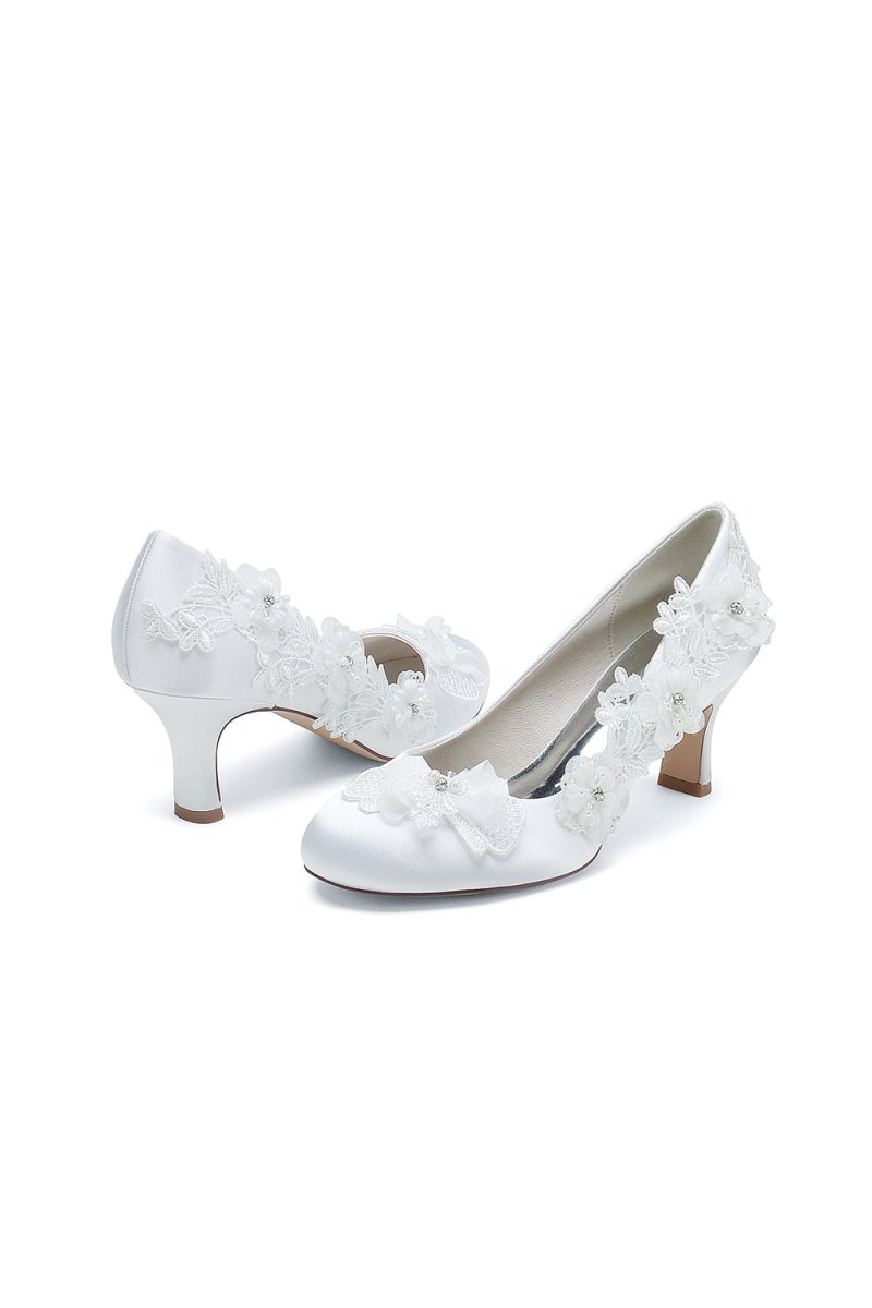 Lace Pointed Toe Chunky Heels with Beaded - KissProm