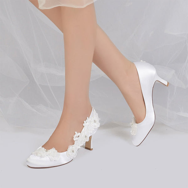 Lace Pointed Toe Chunky Heels with Beaded - KissProm