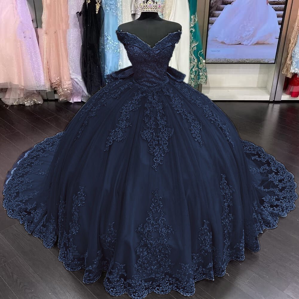 Lace Tulle Sage Applique Off Shoulder Quinceanera Dresses, Navy Blue / 10 Lace Tulle Sage Applique Off Shoulder Quinceanera Dresses, Navy Blue / 10