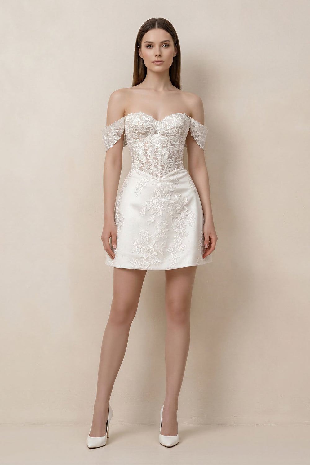 Lace Sheath A - Line Off - the - Shoulder Mini Wedding Dress in White - KissProm Wedding Dresses