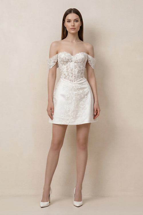 Lace Sheath A - Line Off - the - Shoulder Mini Wedding Dress in White - KissProm Wedding Dresses