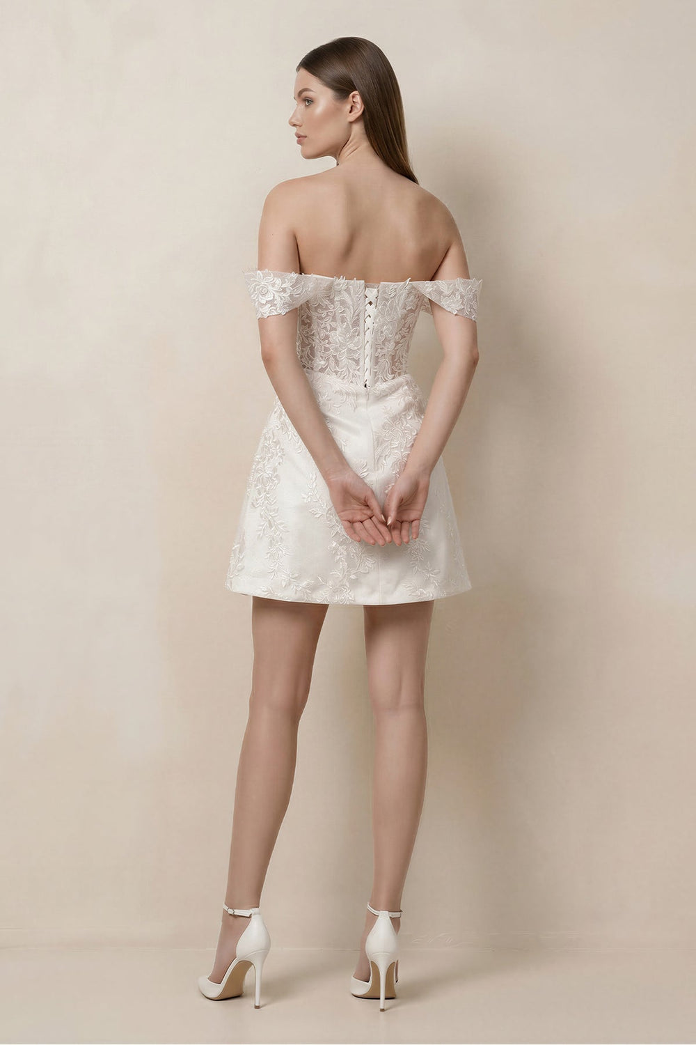 Lace Sheath A - Line Off - the - Shoulder Mini Wedding Dress in White - KissProm Wedding Dresses
