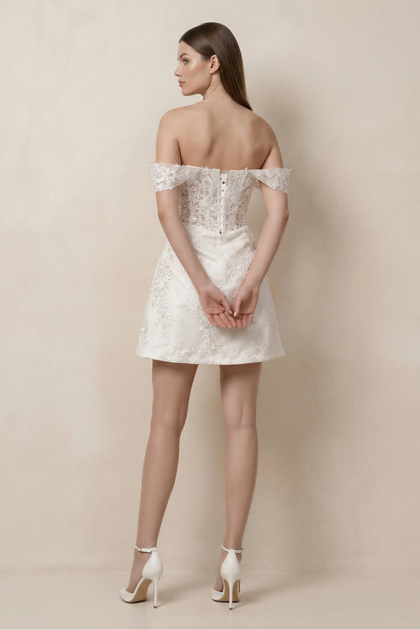Lace Sheath A - Line Off - the - Shoulder Mini Wedding Dress in White - KissProm Wedding Dresses