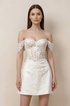 Lace Sheath A - Line Off - the - Shoulder Mini Wedding Dress in White - KissProm Wedding Dresses