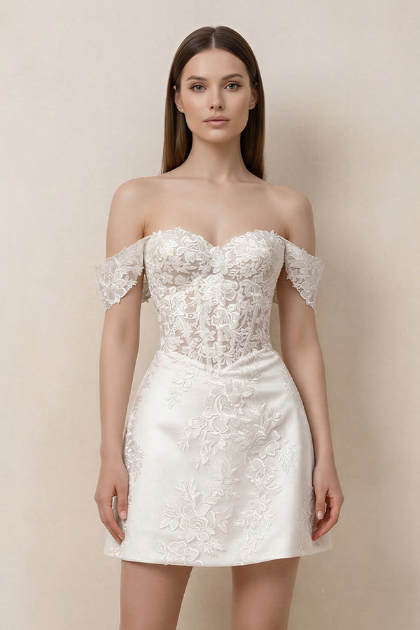 Lace Sheath A - Line Off - the - Shoulder Mini Wedding Dress in White - KissProm Wedding Dresses