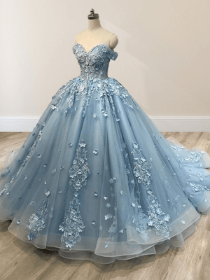 Acacia | Lace Dusty Blue Off the Shoulder Ball Gown Quinceanera Dresses - KissProm