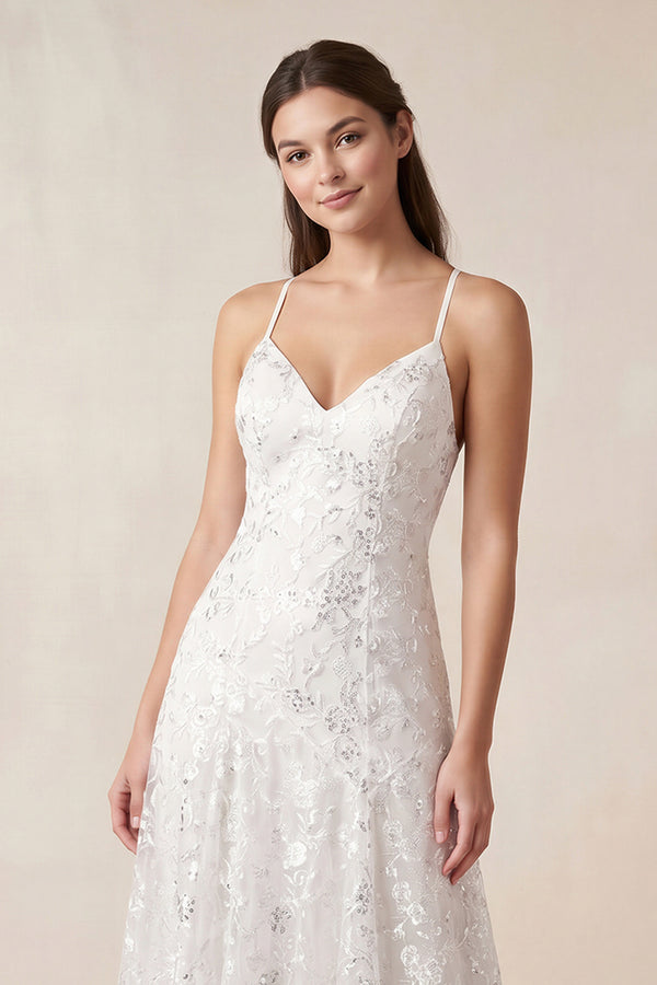 Iolanda | Lace Spaghetti V-neck Sheath Wedding Gown With Straps And Open Back