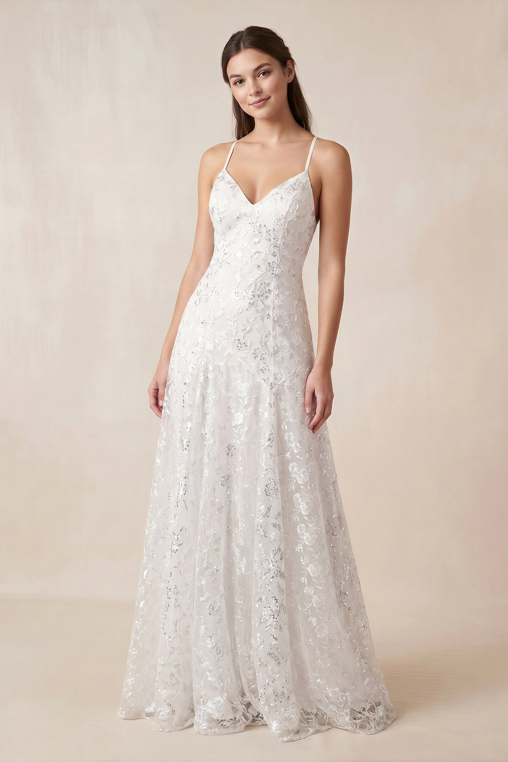 Iolanda | Lace Spaghetti V-neck Sheath Wedding Gown With Straps And Open Back