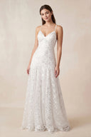 Iolanda | Lace Spaghetti V-neck Sheath Wedding Gown With Straps And Open Back