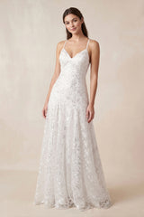 Iolanda | Lace Spaghetti V-neck Sheath Wedding Gown With Straps And Open Back