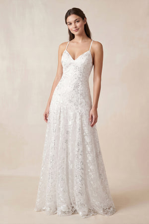 Iolanda | Lace Spaghetti V-neck Sheath Wedding Gown With Straps And Open Back