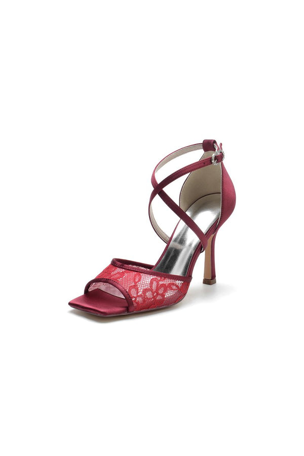 Lace Square Open Toe Cross Strap Chunky Heels - KissProm