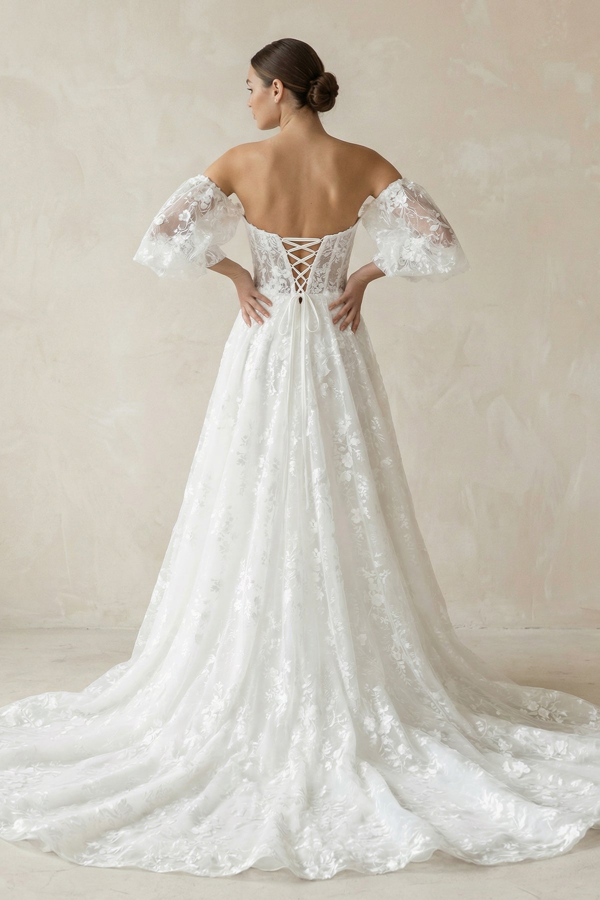 KissProm Lace Sweetheart A-Line Corset Wedding Dress With Sleeves in White, White / 8