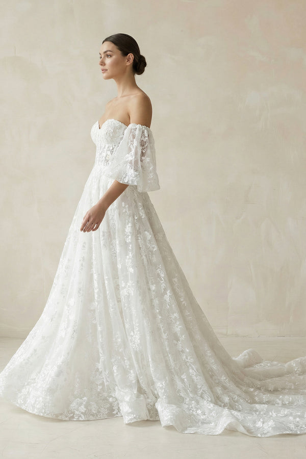 Lace Sweetheart A - Line Corset Wedding Dress With Sleeves in White - KissProm Wedding Dresses