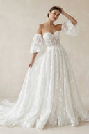 Lace Sweetheart A - Line Corset Wedding Dress With Sleeves in White - KissProm Wedding Dresses