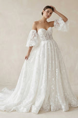 Lace Sweetheart A - Line Corset Wedding Dress With Sleeves in White - KissProm Wedding Dresses