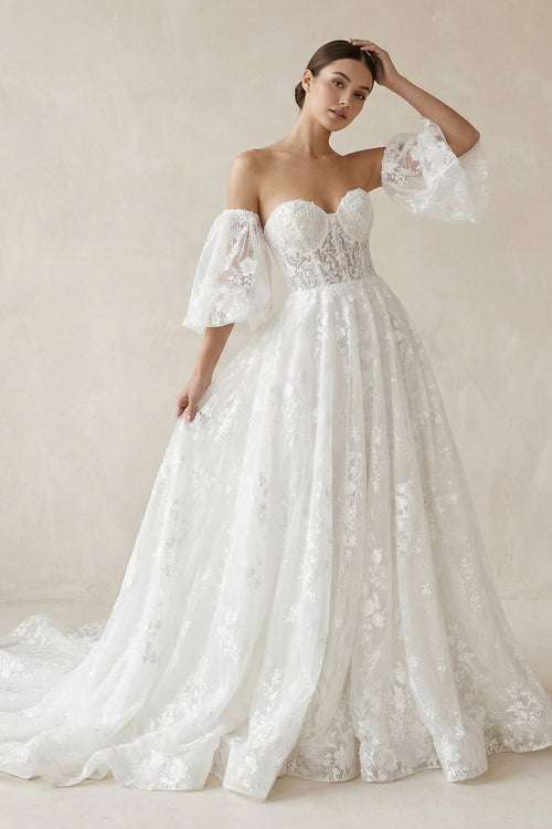 Lace Sweetheart A - Line Corset Wedding Dress With Sleeves in White - KissProm Wedding Dresses