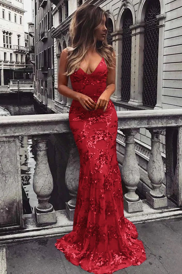 Lace-Up Mermaid Long Gold Prom Dress with Sequins, Red / 6 Lace-Up Mermaid Long Gold Prom Dress with Sequins, Red / 6