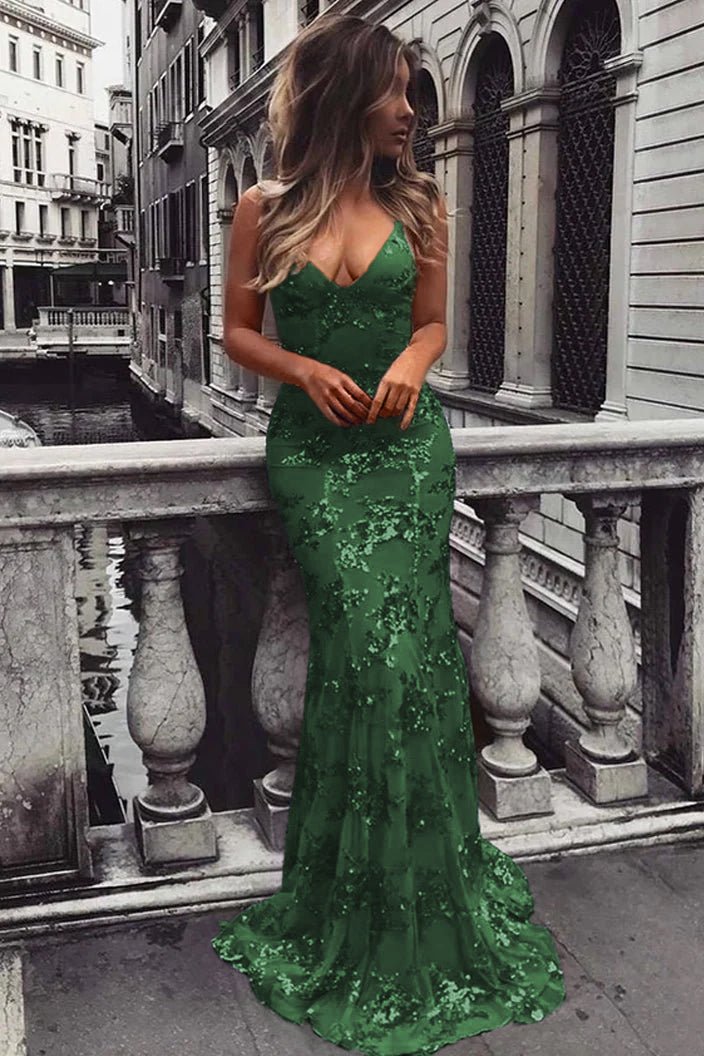 KissProm Lace-Up Mermaid Long Gold Prom Dress with Sequins, Dark Green / 16