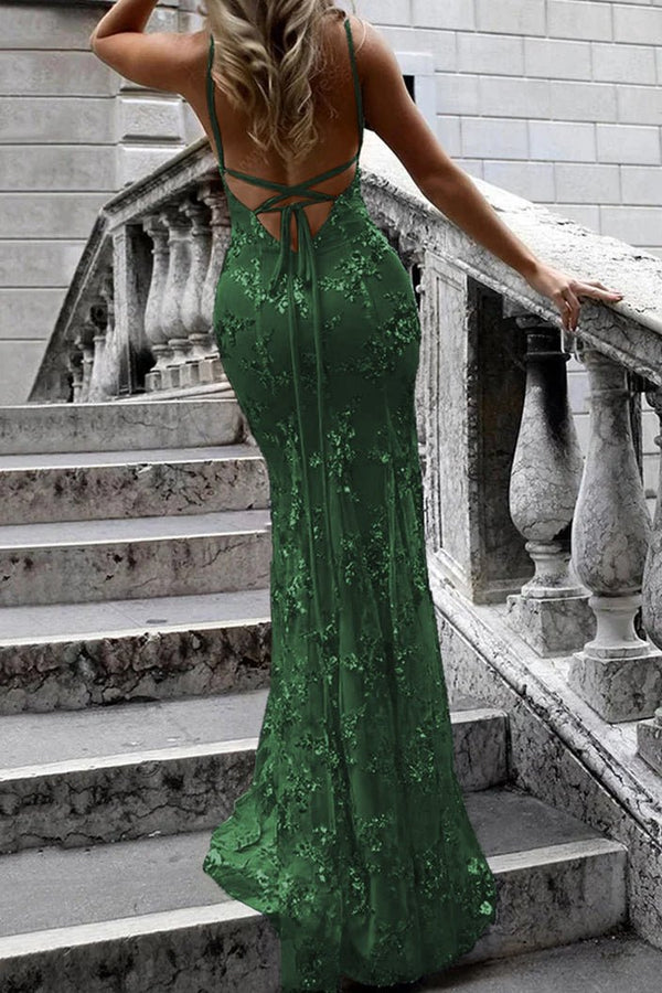 Lace-Up Mermaid Long Gold Prom Dress with Sequins – Prom Dress by KissProm | Available at KissProm