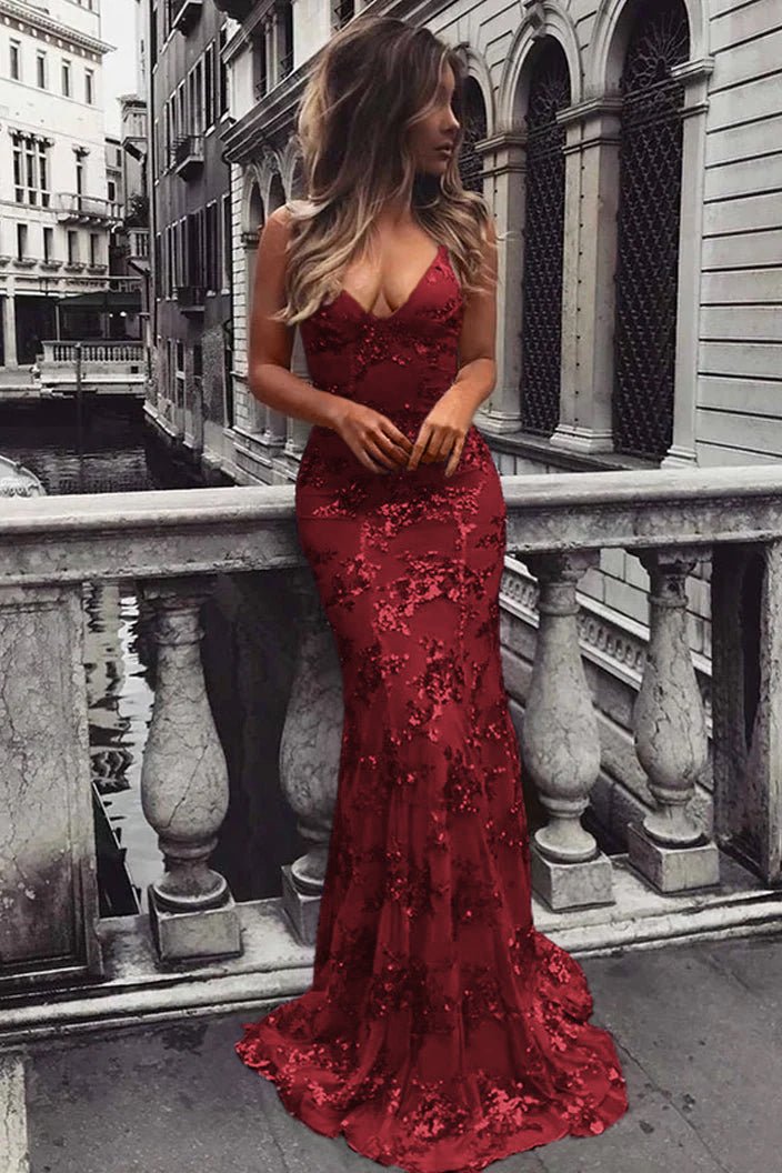Lace-Up Mermaid Long Gold Prom Dress with Sequins Burgundy / Custom Size