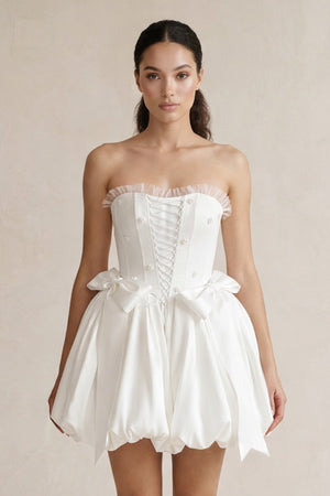 Lace - up Strapless Taffeta A - Line Wedding Dress With Bow in Ivory - KissProm Wedding Dresses