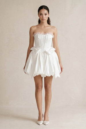 Lace - up Strapless Taffeta A - Line Wedding Dress With Bow in Ivory - KissProm Wedding Dresses