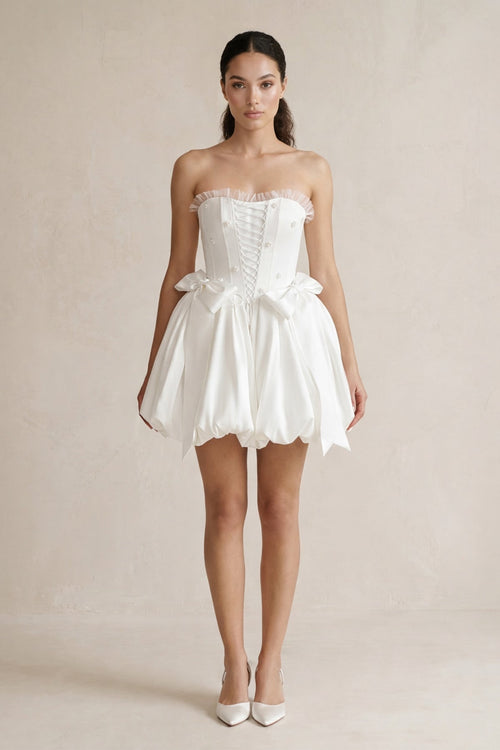 Lace - up Strapless Taffeta A - Line Wedding Dress With Bow in Ivory - KissProm Wedding Dresses