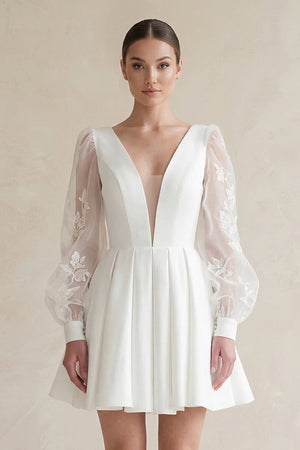 Lace V - Neck A - Line Satin Wedding Dress With Long Sleeves in White - KissProm Wedding Dresses