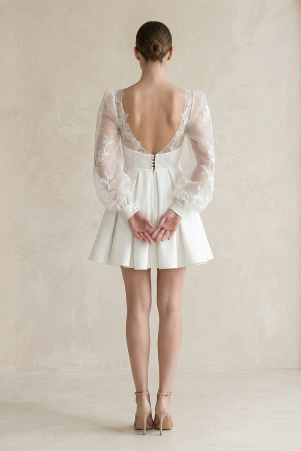 Lace V-Neck A-Line Satin Wedding Dress With Long Sleeves in White, White / 12 Lace V-Neck A-Line Satin Wedding Dress With Long Sleeves in White, White / 12