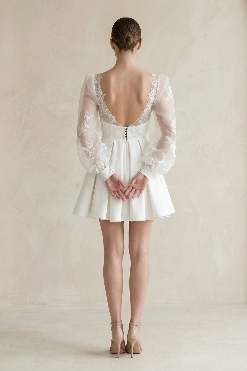 Lace V - Neck A - Line Satin Wedding Dress With Long Sleeves in White - KissProm Wedding Dresses
