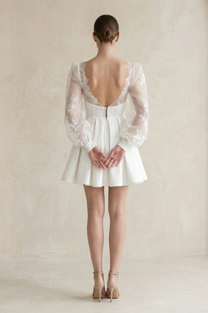 Lace V - Neck A - Line Satin Wedding Dress With Long Sleeves in White - KissProm Wedding Dresses